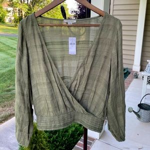 NWT American Eagle Outfitters linen wrap top, olive green, size large